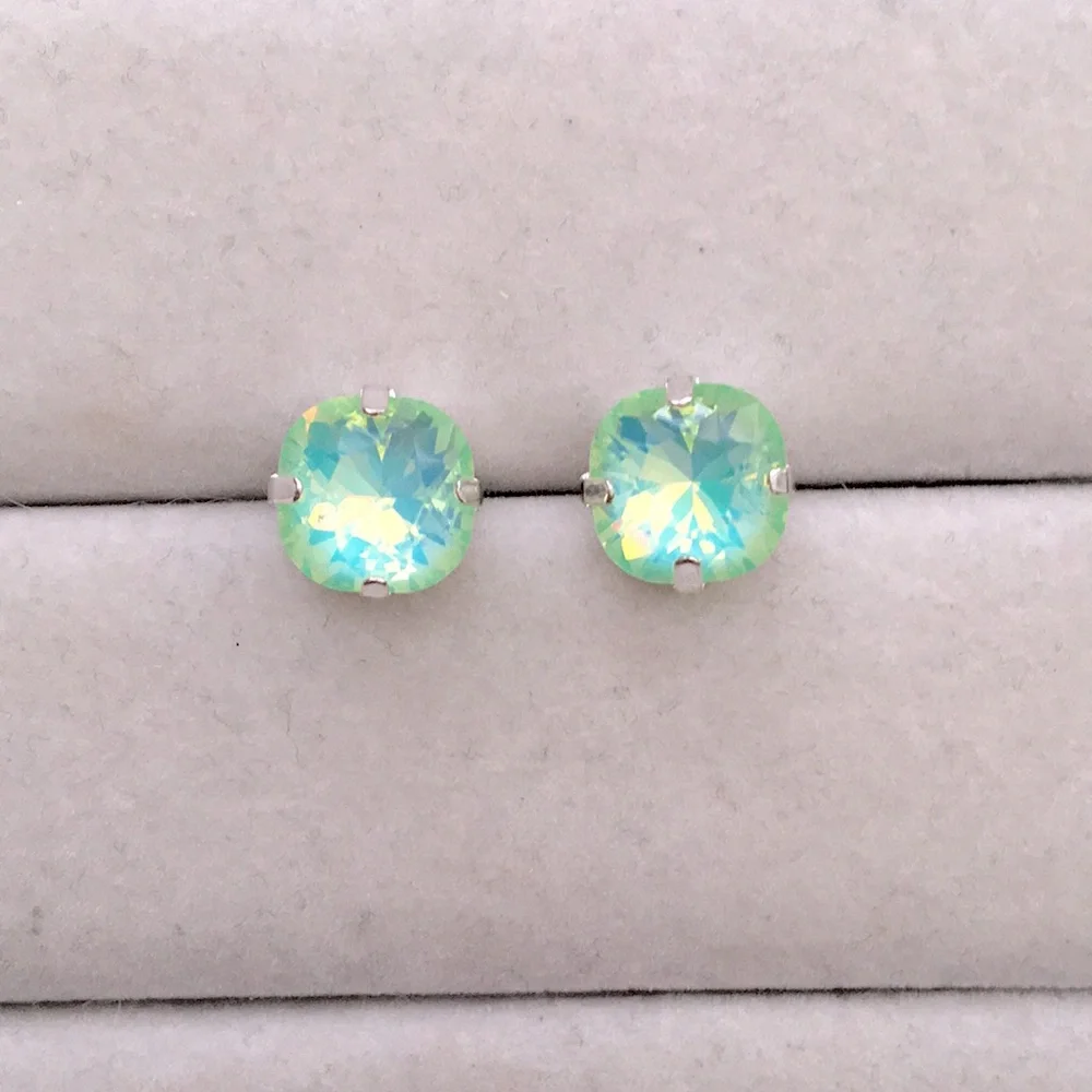 Pacific Opal Aurora Borealis + Silver Cushion Cut Crystal Earrings